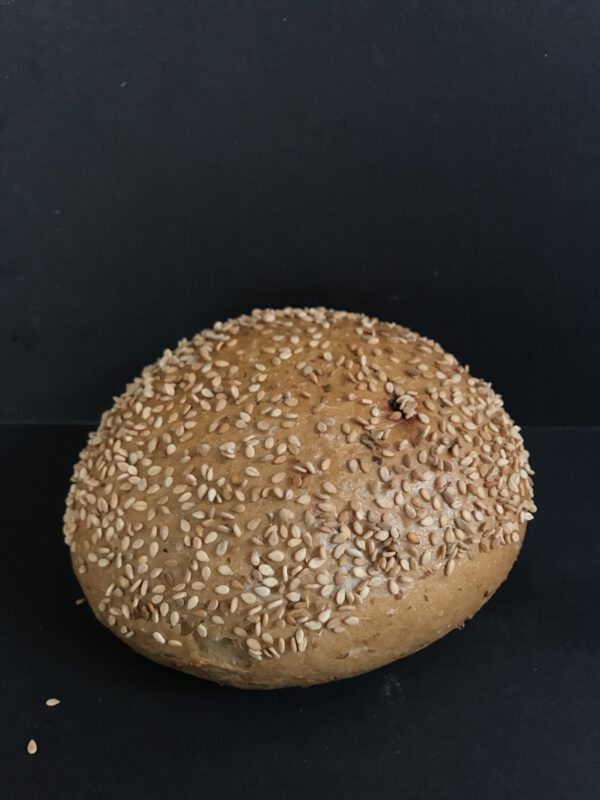 Harde bruine bol met sesamzaad (bruin krokant kleinbrood gedecoreerd met sesamzaad)